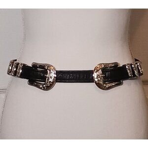 Vintage Western Double Buckle Black Belt With Silver Hardware Size S